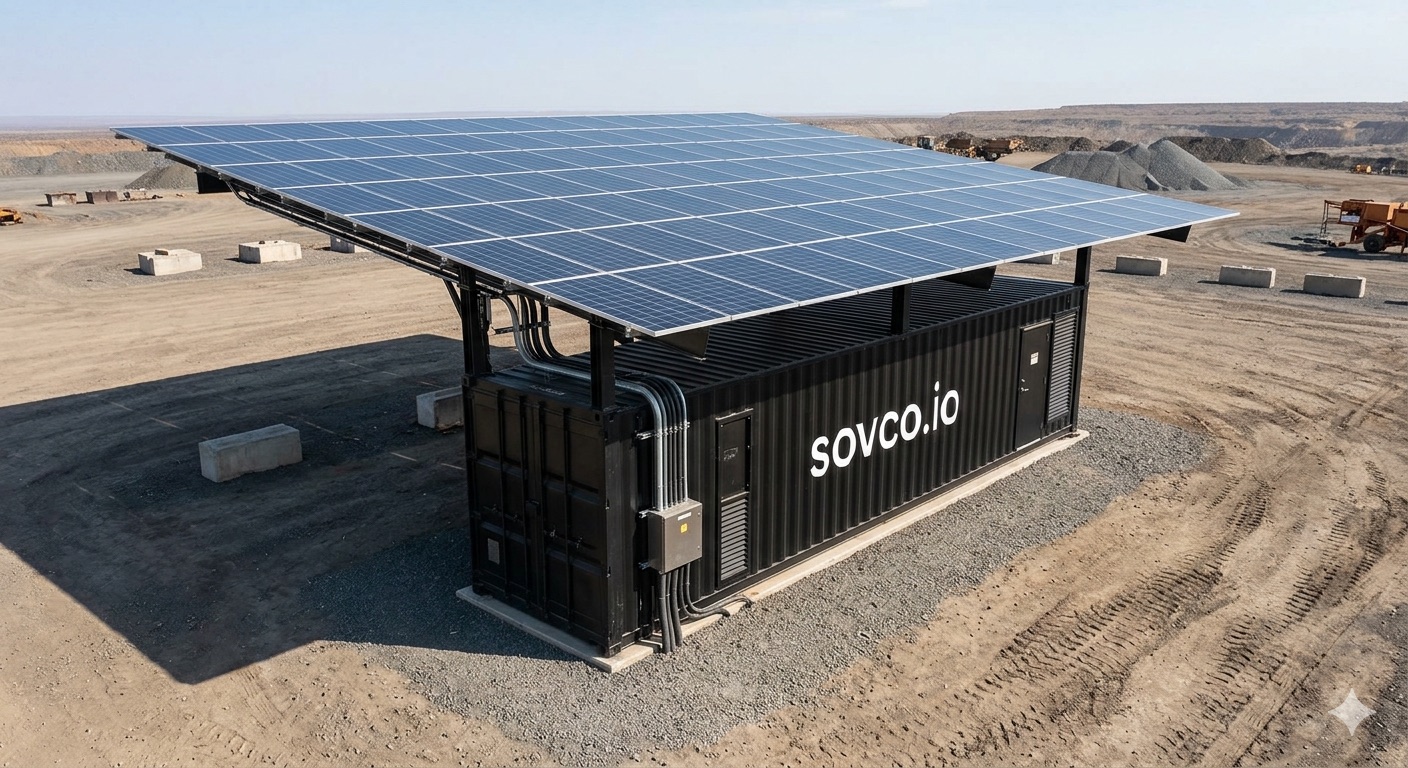 Simulated image of a SovPod container unit with an integrated solar canopy at a remote open-pit mine, running fully off-grid, branded sovco.io.